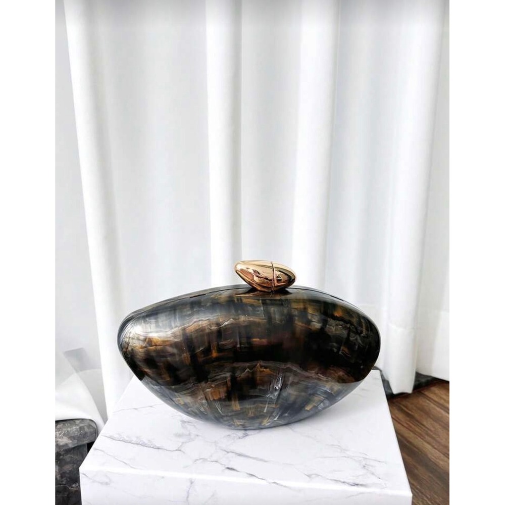 Marbled Resin Pebble Clutch Bag Gold Chain Strap Evening Purse Amber Black - Picture 2 of 8